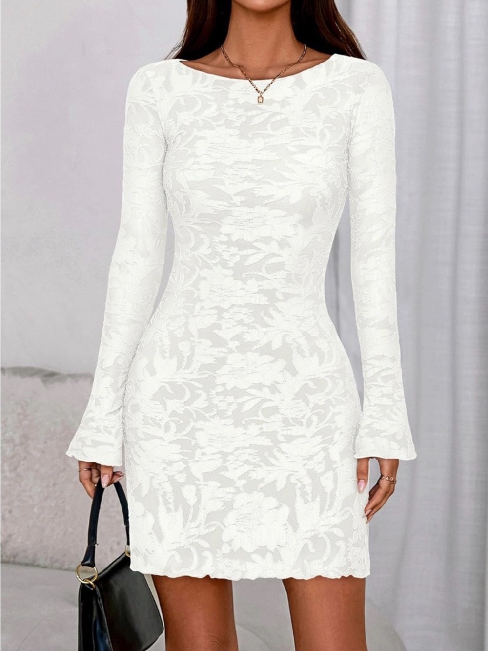 White Lace Bell-Sleeve Mini Dress, bachelorette dress, rehearsal dress